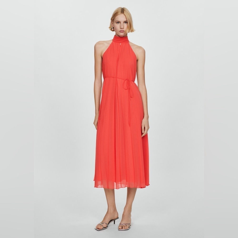 Mango Coral red pleated halter neck dress NWT